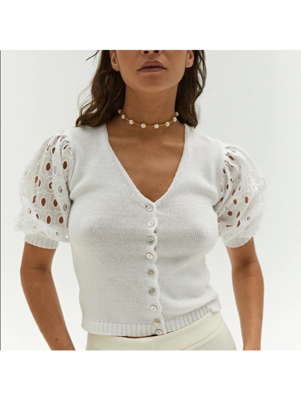 musier paris size 38 white eyelet sleeve sweater cardigan
